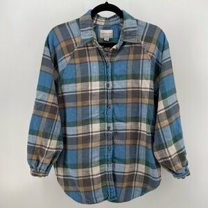 AEO American Eagle Womens Button Up Shirt Blue Plaid 100% Cotton S